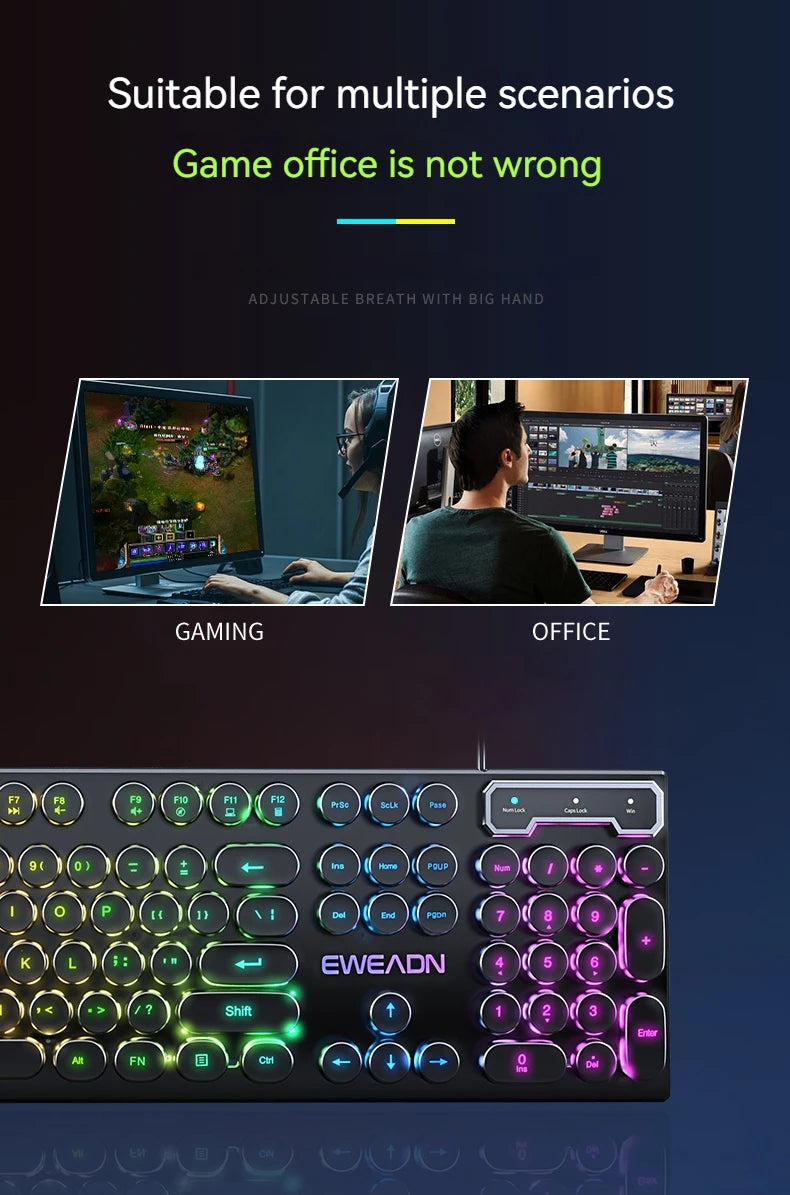 EWEADN GX330 Gaming Keyboard Wired, LED Backlit, Office silent keyboard full size, Ergonomic, Gaming, office, Windows/Laptop/PC