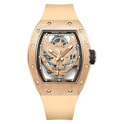BONEST GATTI Luxury Men's Hollow Automatic Mechanical Watches Tonneau Sapphire Crystal Luminous Hollow Eagle Dial Rubber Straps