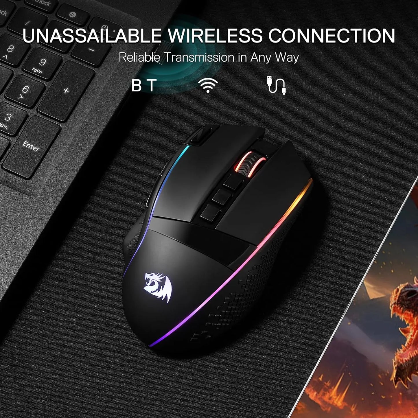 Redragon M991 kabellose Gaming-Maus, 26000 DPI, 3 Modi, 9 Makro-Tasten, RGB-Hintergrundbeleuchtung, Schwarz