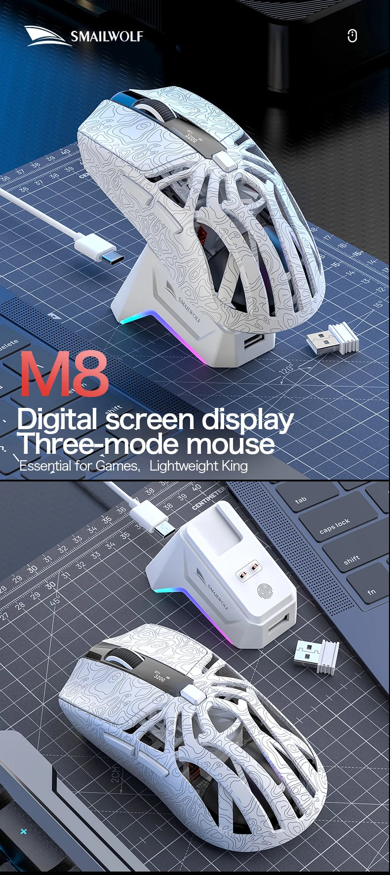 SMAILWOLF M8 Wireless Bluetooth Tri-Mode Mouse Lightweight PAW3311 Gaming RGB Magnetic Charging 12000dpi Gaming Mouse