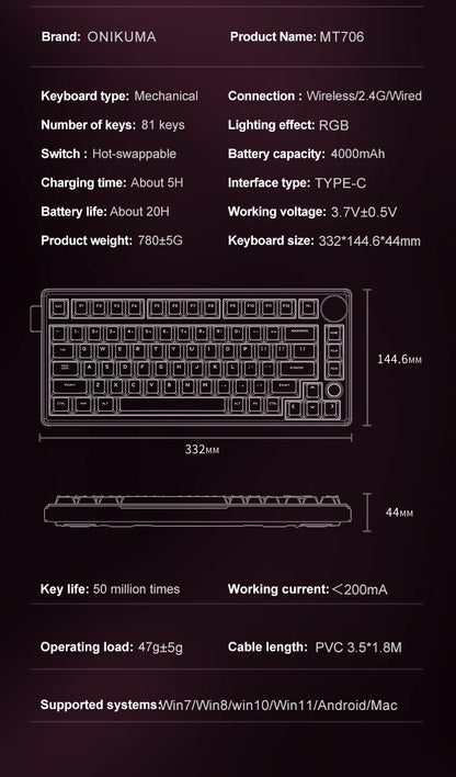 Onikuma 2025 New Mt706 Rgb Gaming Mechanical Keyboard 2.4g/ Wired/Bt, 81-Key Pbt Rgb Gaming Keyboard