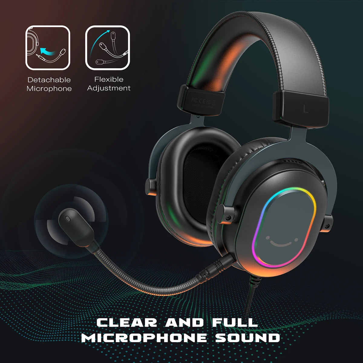 Fifine Dynamisches RGB-Gaming-Headset mit Mikrofon Over-Ear-Kopfhörer 7.1 Surround Sound PC PS4 PS5 3 EQ-Optionen Game Movie Music – H6