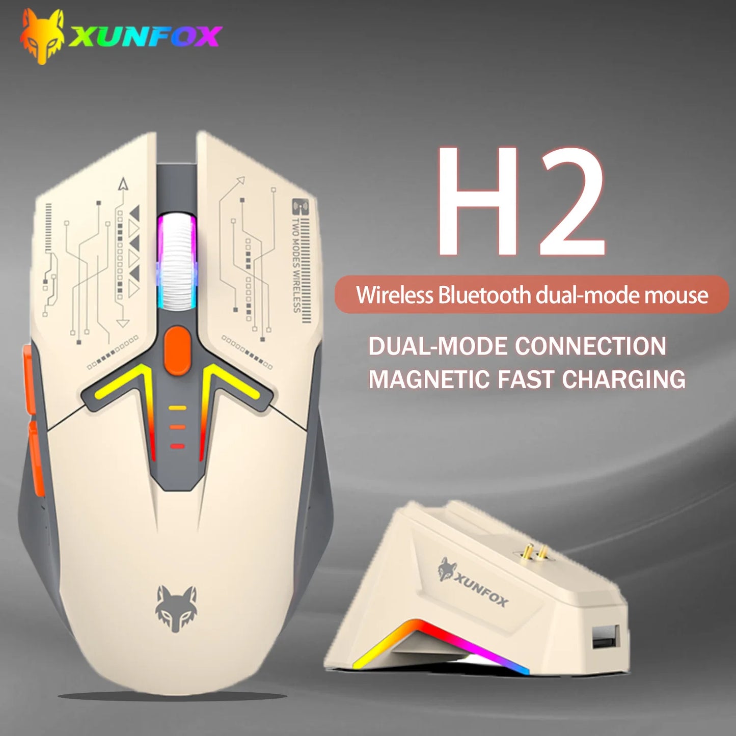 Ratón XUNSVFOX H2 inalámbrico Bluetooth de doble modo con iluminación RGB, para portátil, gaming y oficina, con carga magnética