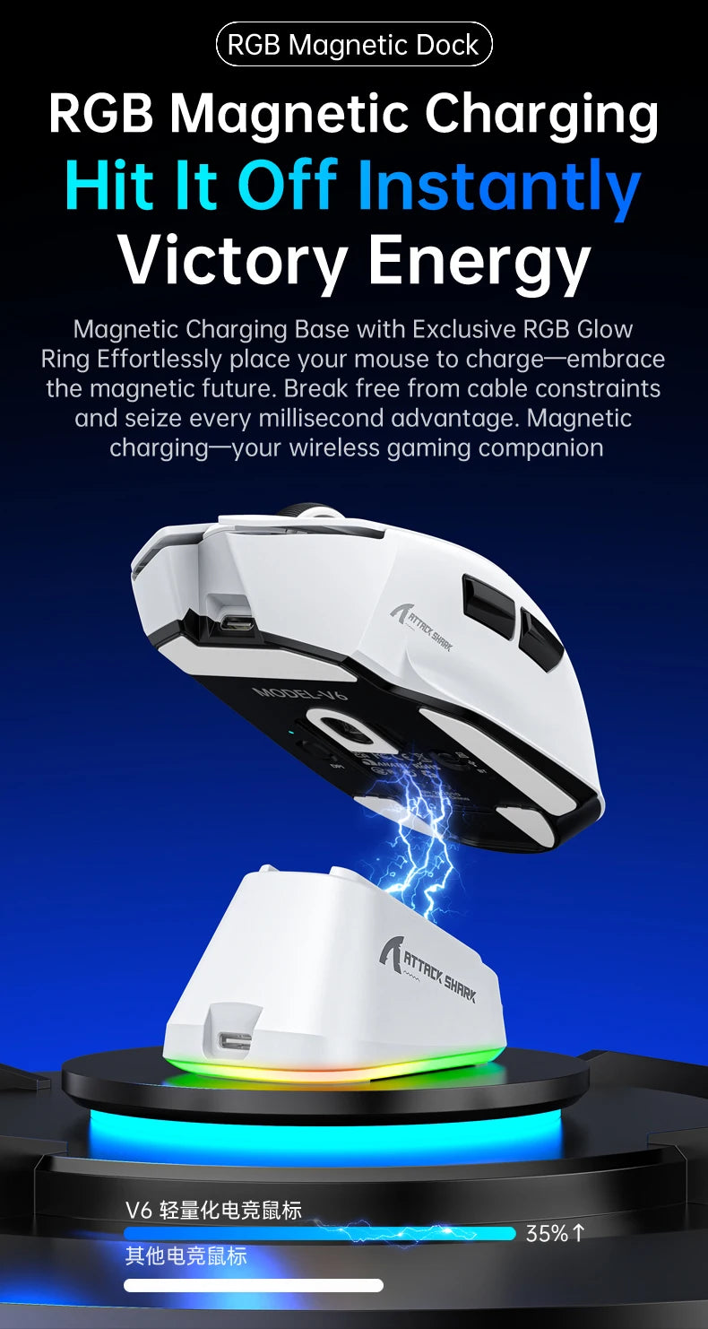 ATTACK SHARK V6 Wireless Gaming Superlight Mouse with RGB Magnetic Charging Dock, PAW3311 Sensor, Macro Gaming Mouse