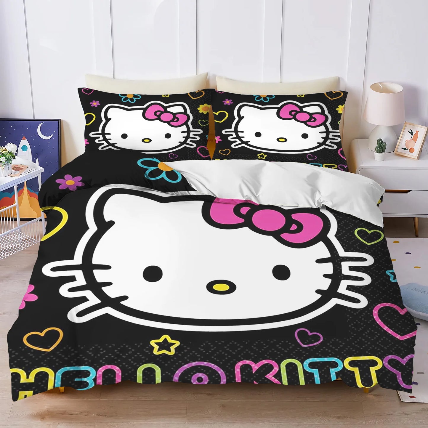 Hello Kitty Bettbezug-Set, 3D-Kinderbettwäsche, 3-teilig, 1 Bettdeckenbezug, King Size