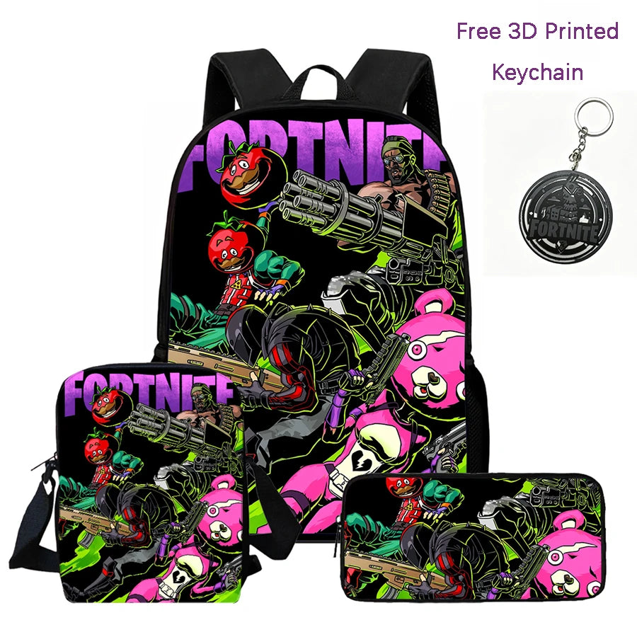 3-teiliges Kinder-Rucksack-Set, Umhängetasche & Federmäppchen, FORTNITE-Cartoon-Tasche, leicht, für Jungen und Mädchen von 6-10, kostenloser 3D-gedruckter Schlüsselanhänger