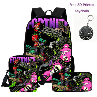 3-teiliges Kinder-Rucksack-Set, Umhängetasche & Federmäppchen, FORTNITE-Cartoon-Tasche, leicht, für Jungen und Mädchen von 6-10, kostenloser 3D-gedruckter Schlüsselanhänger