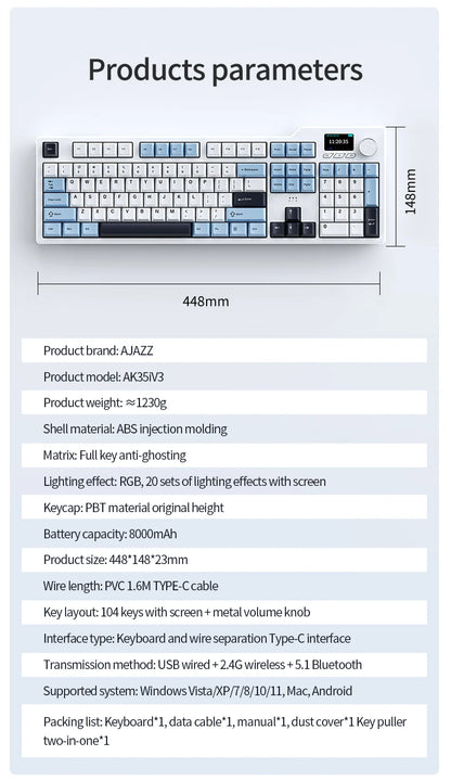 Novo teclado gaming AJAZZ AK35I V3 MAX tri-mode com fios, Bluetooth e sem fios, Gasket, hot swap completo, 104 teclas, teclado personalizado