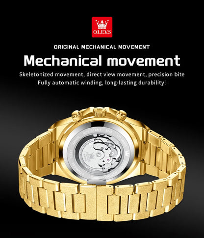 OLEVS Gold Steel Mens Watches Top Brand Automatic Mechanical Luxury Watch Sport Waterproof Tourbillon Wrist Watch Reloj Hombre