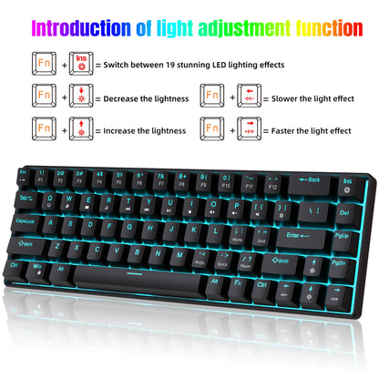 Teclado mecánico gaming 60% USB con teclas blancas, mini teclado gamer ergonómico para ordenador con retroiluminación y música