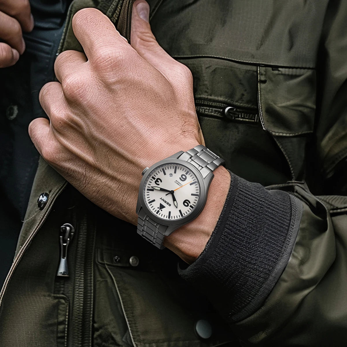 BERNY Aviation Top Titanium Mechanical Men Watch Sapphire AR Coating Supper Luminous 10Bar Sport Watch Titanium Aviation Watches