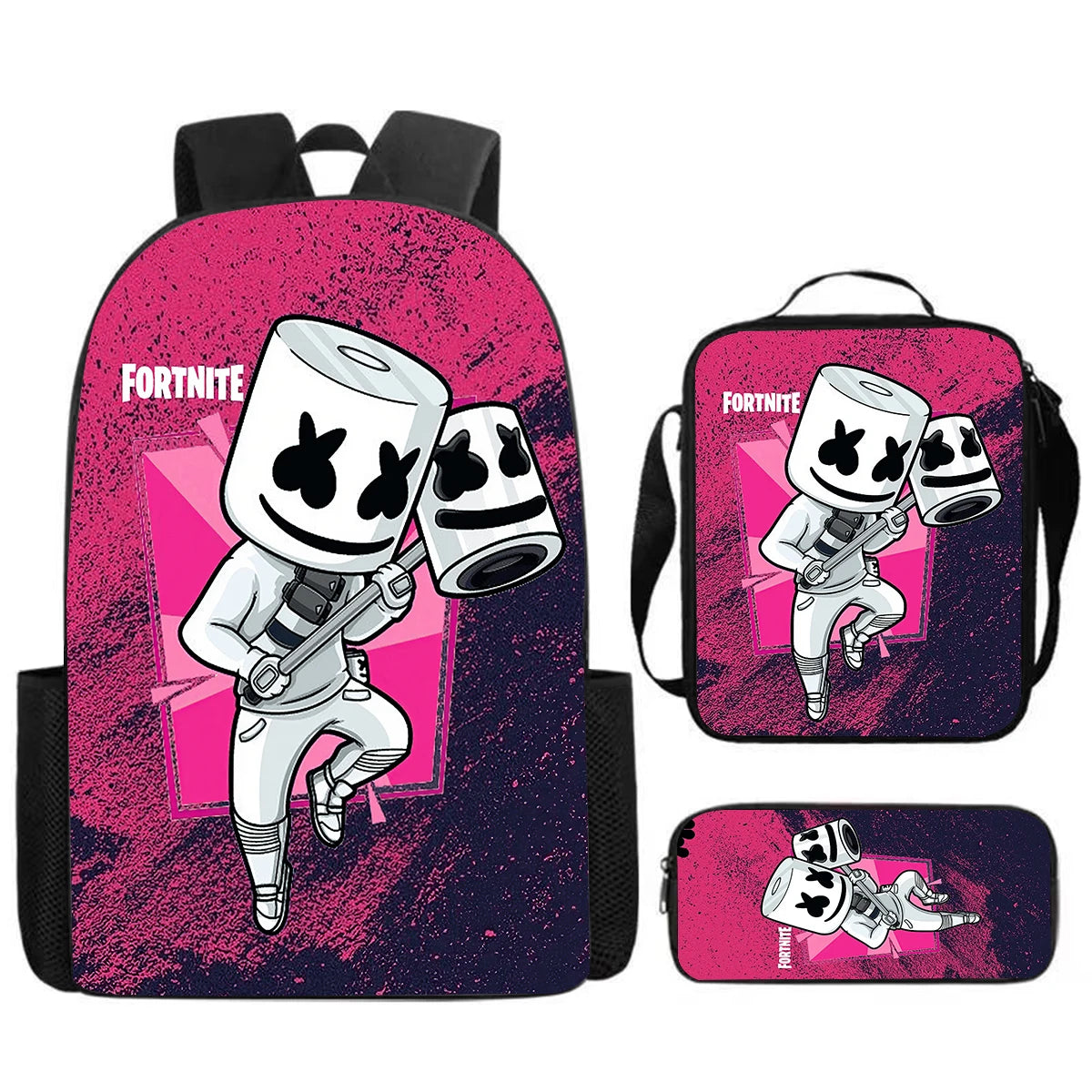 Fortnite Cartoon 3-teiliges Set, großes Fassungsvermögen, geeignet für Jungen und Mädchen von 5-8 Jahren, inklusive Rucksack, Lunchbag und Federmäppchen