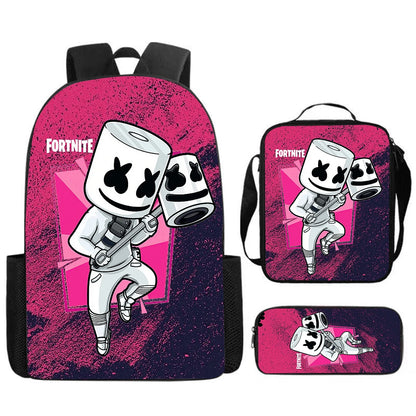 Fortnite Cartoon 3-teiliges Set, großes Fassungsvermögen, geeignet für Jungen und Mädchen von 5-8 Jahren, inklusive Rucksack, Lunchbag und Federmäppchen
