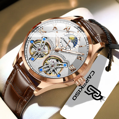 CAREKISO Fashion Men Clock Double Hollow Tourbillon Automatic Mechanical Man Watch Waterproof Luminous Leather Men's Watches+Box