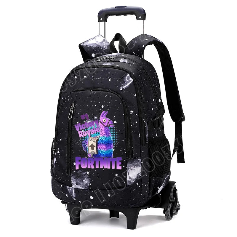 Mochila trolley 2 en 1 Fortnite con estampado de cielo estrellado, gran capacidad, impermeable, compartimento para portátil, diseño para subir escaleras, mochila escolar para estudiantes