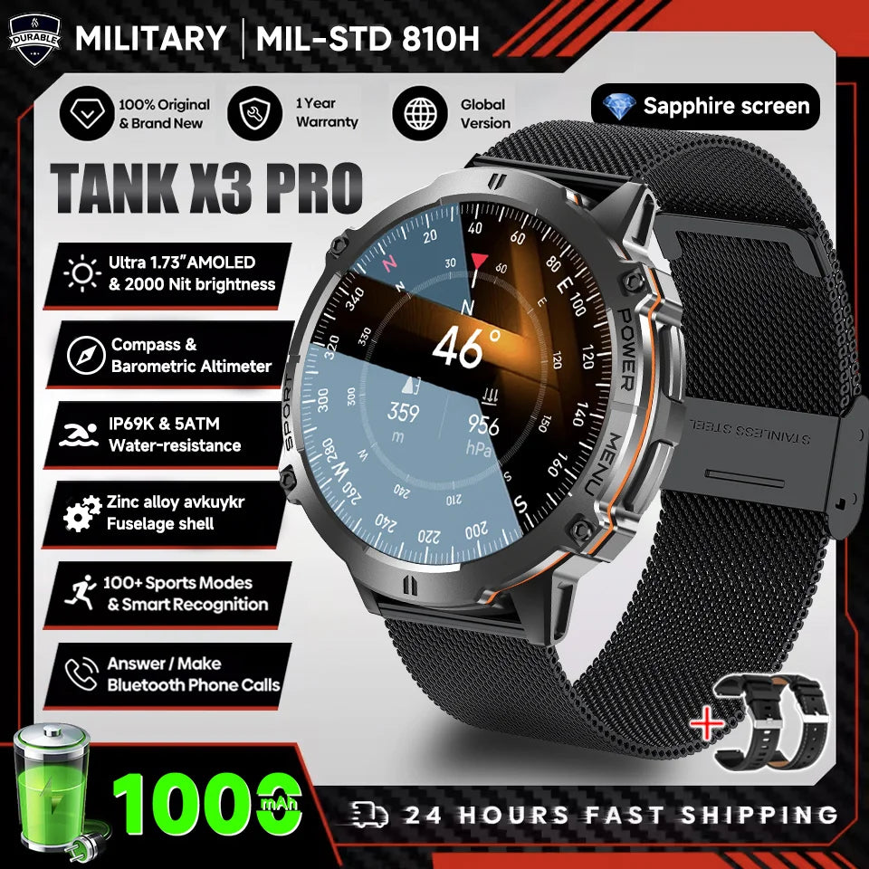 2026 New Military TANK X3 Smartwatch für Herren, 1000mAh Akku, 10ATM wasserdicht zum Schwimmen, GPS-Route, 1.75" AMOLED HD, Anrufe, Sport-Smartwatch