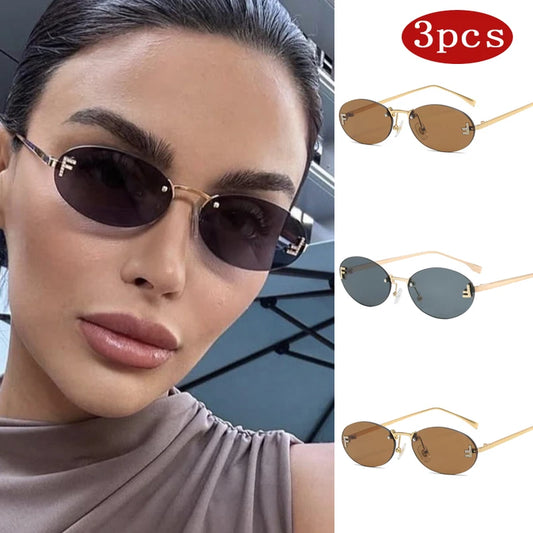 3set Women Fashion Brand Rimless Sunglasses Retro Small Oval Alloy Elegant Gradient Sun Glasses Outdoor Travel Shades Glasses