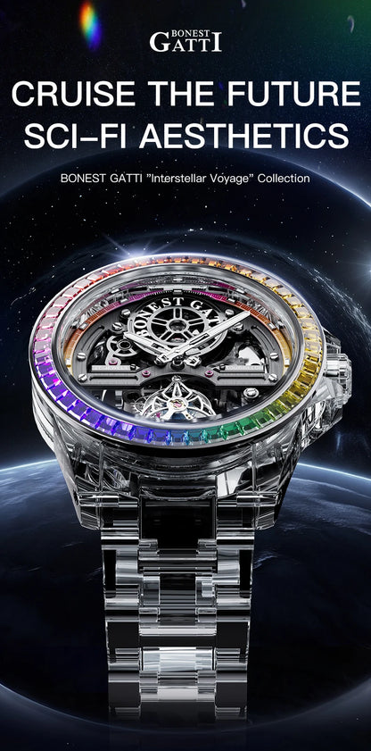 BONEST GATTI luxury Full Skeleton Automatic Mechanical Watch Sapphire Back 48 Rainbow Diamonds Luminous Luxury Wristwatch Men