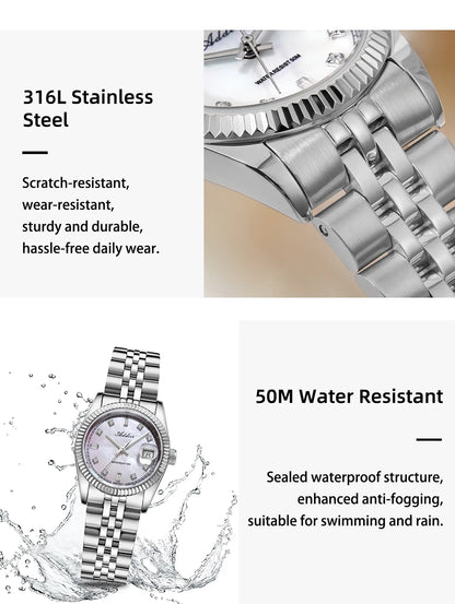 ADDIES New Luxury Women's Watches 28mm Sapphire Glass 50m Waterproof 316L Stainless Steel Business Quartz Wristwatch For Woman