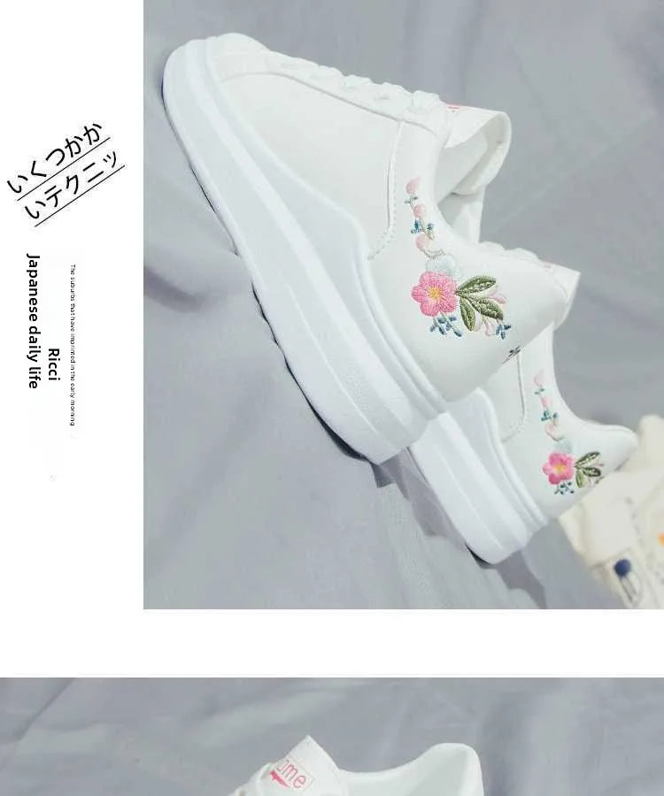 Shoes 2025 Women Running Spring Autumn Fashion White Breathable Embroidered Flower Lace-Up Casual Sneakers Women's Shoes