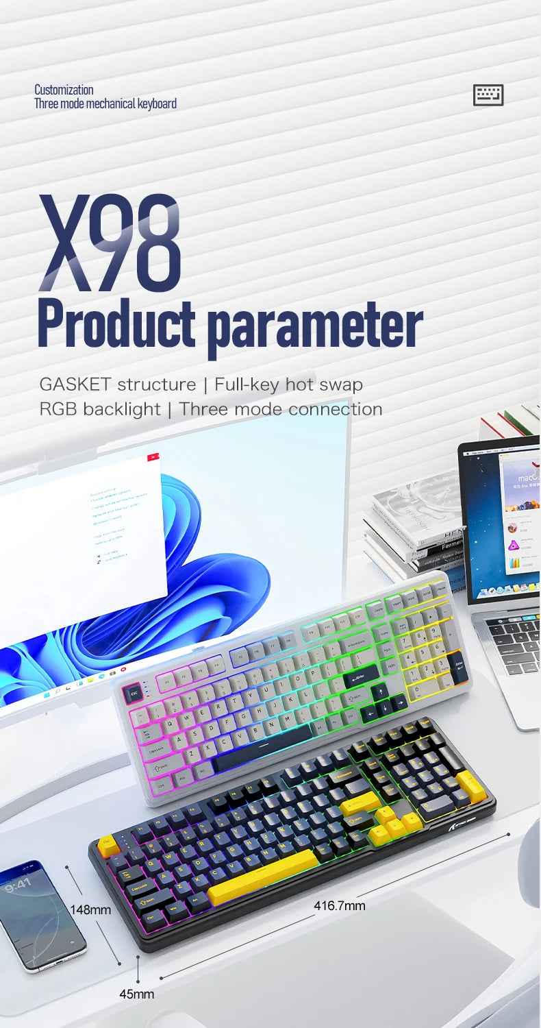 X98 Attack Shark Gaming Keyboard Wireless with Numeric Keypad, 102 Keys Hot-Swap RGB PBT Keycaps, 4000mAh Battery, Support PC/Laptop