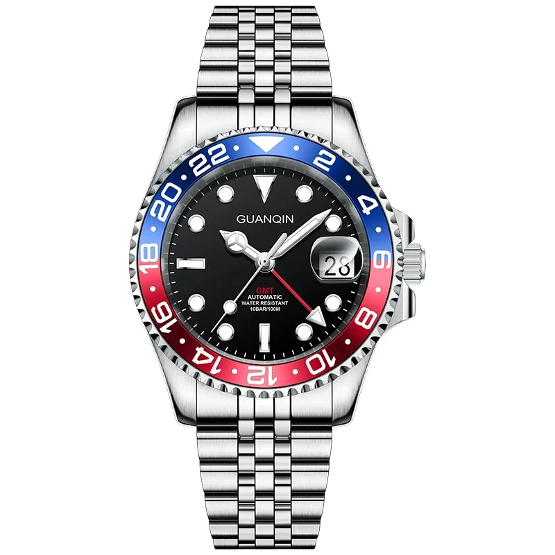 GUANQIN GMT Men's Watches 2025 New Atuomatic Watch Men NH34 Mechanical Wristwatch Sapphire Glass Stainless Steel Clock Left Hand