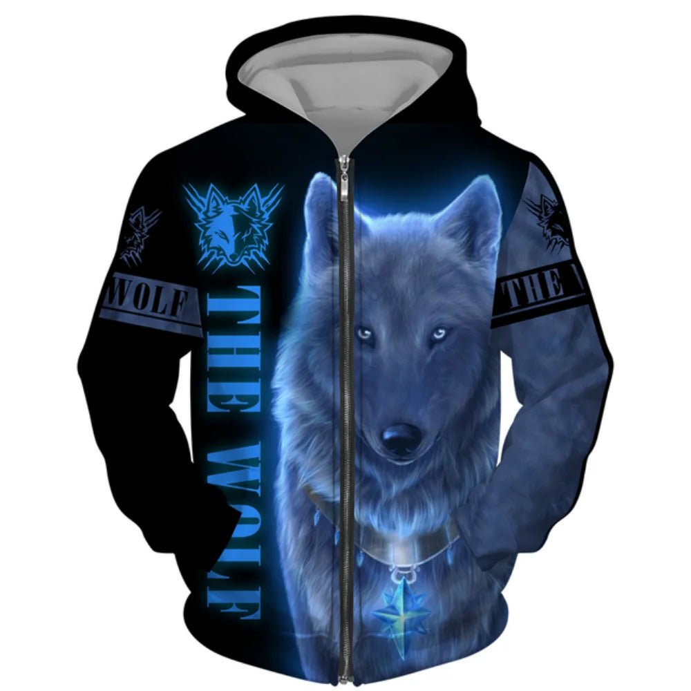 3D Wolf Print Men's Zipper Hoodies Fashion Animal Pattern Top Coat Street Punk Style Oversized Sweatshirts Outdoor Leisure Jackets