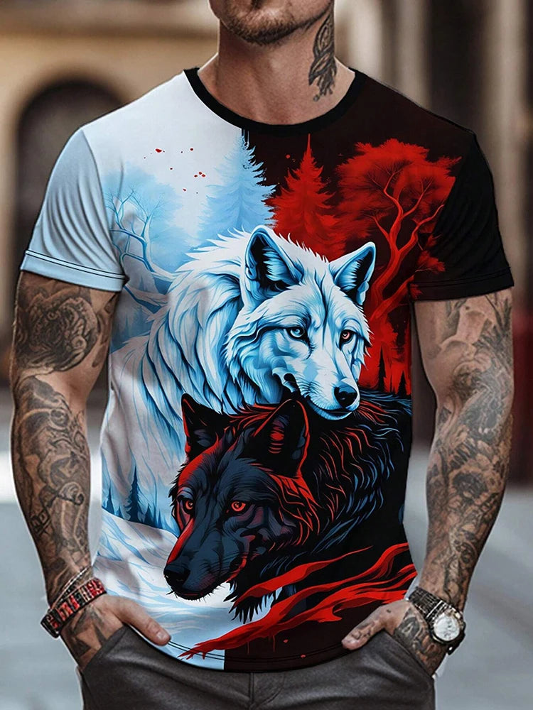 Different Pupil Wolf Print Men's T-shirt Daily Casual Urban Street Fashion Short-sleeved Summer Outdoor Sports Tee