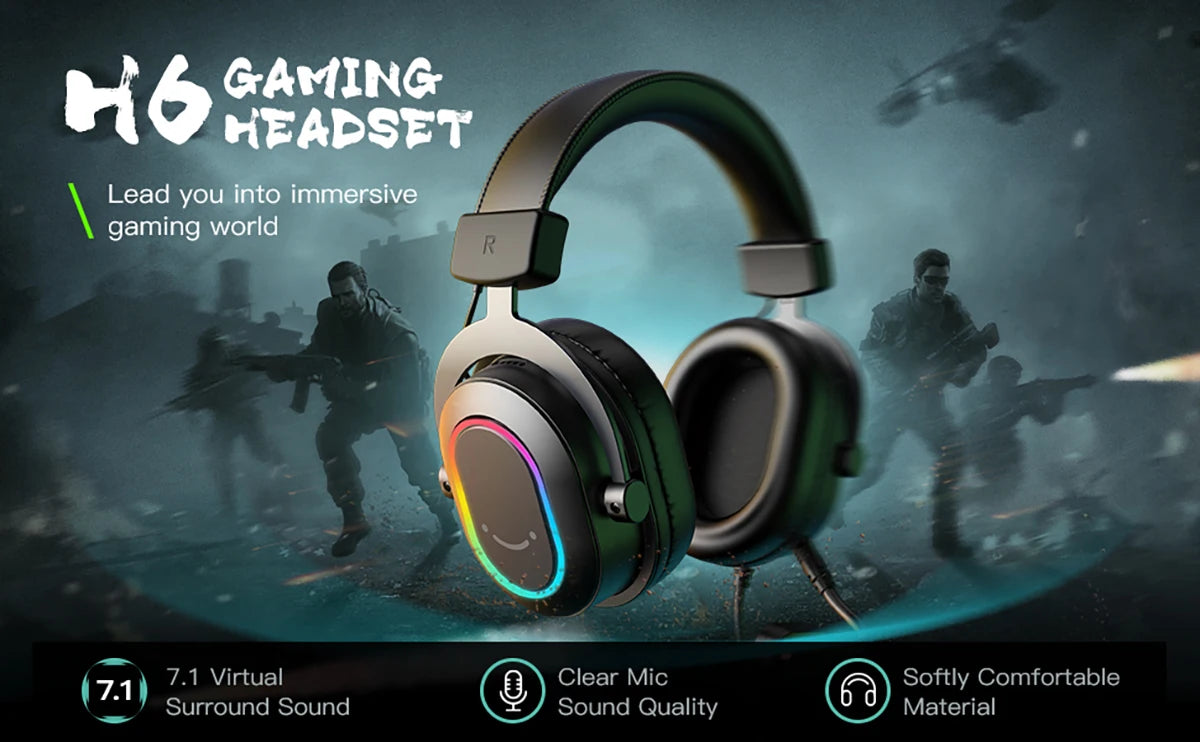 Fifine Dynamisches RGB-Gaming-Headset mit Mikrofon Over-Ear-Kopfhörer 7.1 Surround Sound PC PS4 PS5 3 EQ-Optionen Game Movie Music – H6