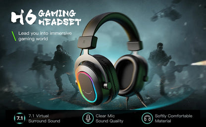 Fifine Dynamisches RGB-Gaming-Headset mit Mikrofon Over-Ear-Kopfhörer 7.1 Surround Sound PC PS4 PS5 3 EQ-Optionen Game Movie Music – H6