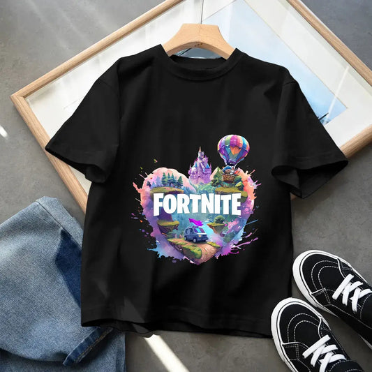 Fortnites Kinder-T-Shirt aus schwarzer Baumwolle, Fortress Night Baby-Kurzarmshirt, Cartoon-Shirt für Jungen und Mädchen, Sommerkleidung, Kawaii-Top, Geschenk