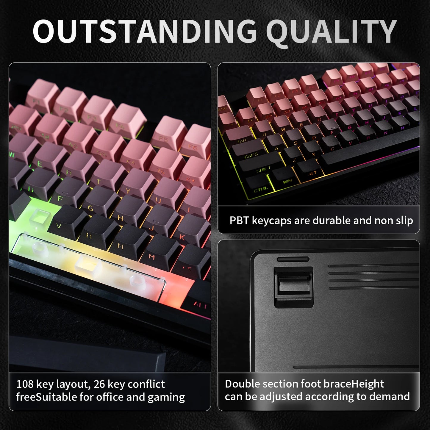 V108 Pro Bluetooth Keyboard  Office Low Noise 2.4G Wired&Wireless Full Layout with RGB Backlit Membrane