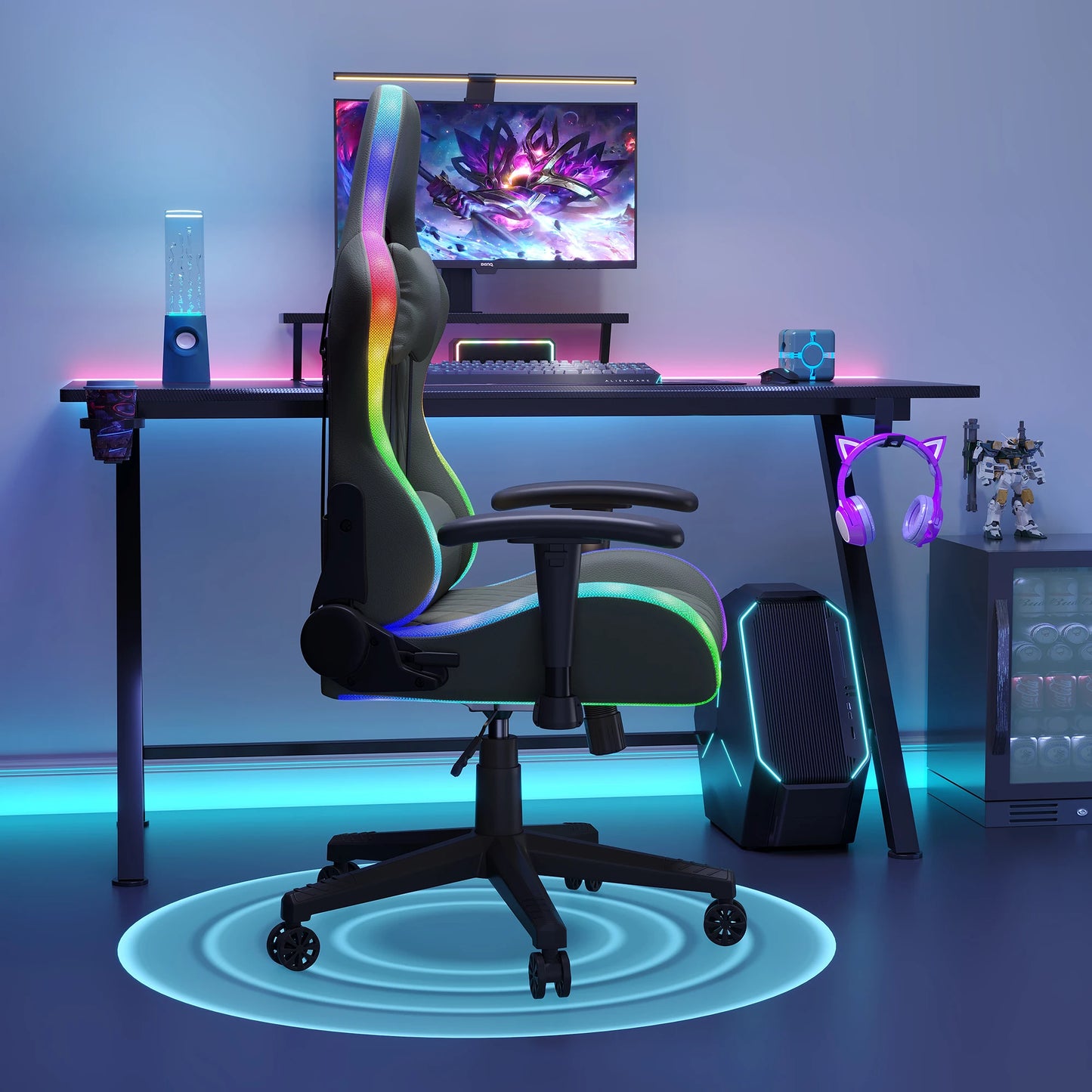 LED Gaming Chair - Ergonomic Office Chair with Massage Function, Adjustable Backrest (90-135°), for Gamers up to 150 kg, Black