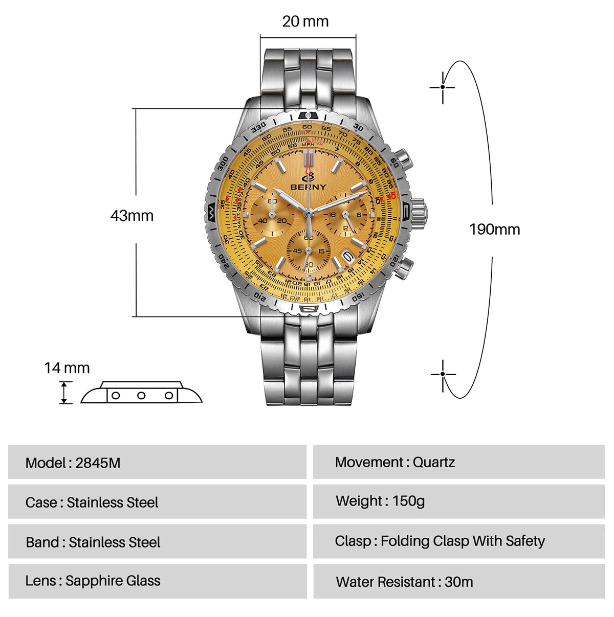 BERNY Aviation Men's Watches Quartz Chronograph Watch Date Sapphire Super Luminous Luxury Brand Dress Man Wristwatch