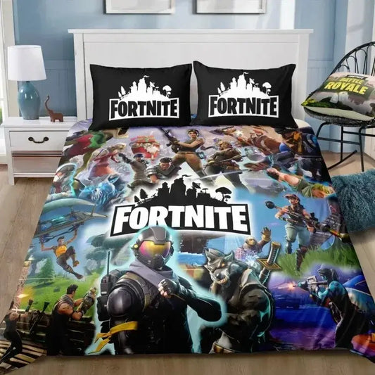Fortnite-Bettwäsche-Set, 3-teilig, 3D-Druck, Bettwäsche für Schlafzimmer, Gaming-Cartoon-Dekor, Bettbezug und Kissenbezug, Geburtstagsgeschenk