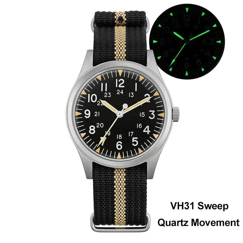 Militado ML07 Quartz Watch VH31 Sweep Movement Domed Sapphire Crystal Luminous 10Bar Waterproof 36mm Vintage Mens Watches
