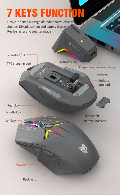 Ratón XUNSVFOX H2 inalámbrico Bluetooth de doble modo con iluminación RGB, para portátil, gaming y oficina, con carga magnética
