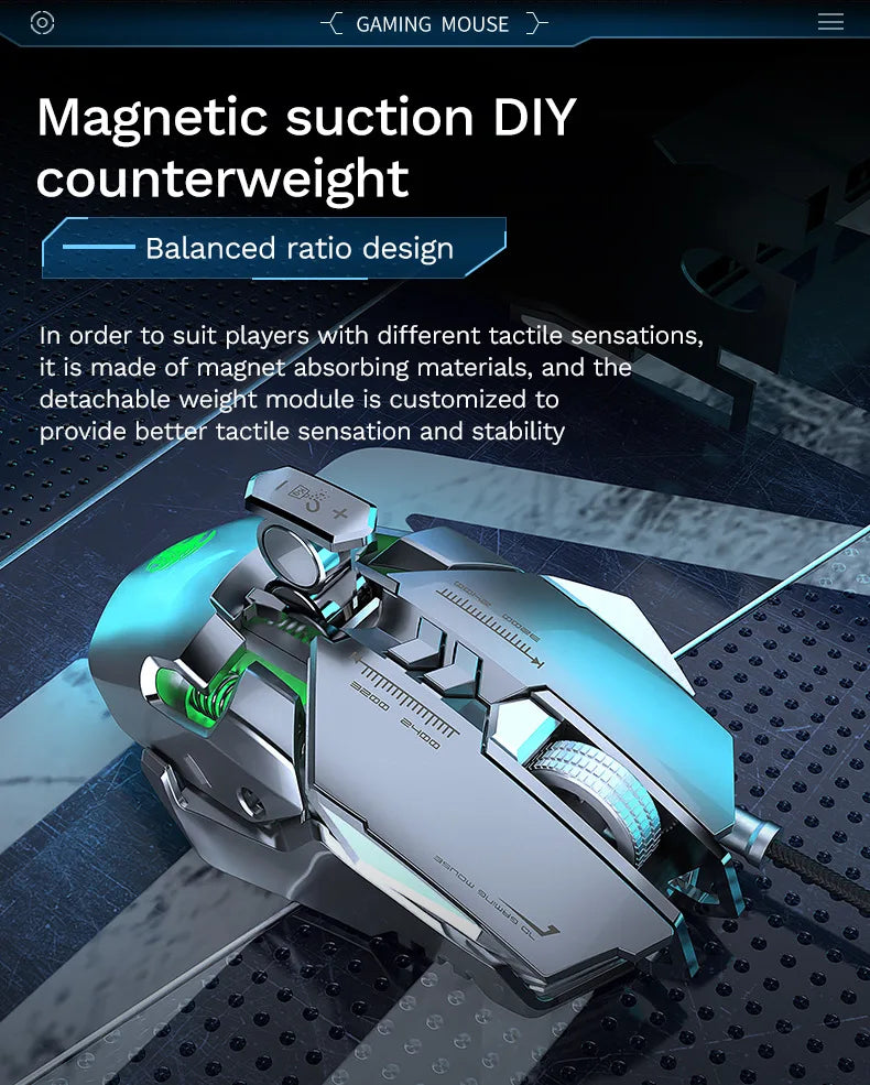 Ratón mecánico con cable para PC gaming y esports, RGB, 6400 DPI, succión magnética y contrapeso DIY