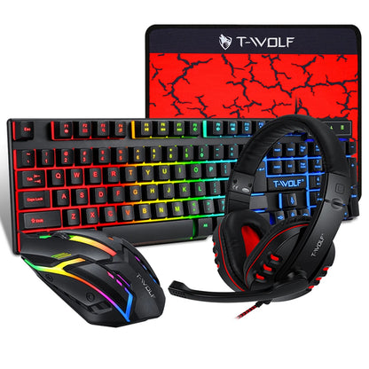 Combo gaming 4 pezzi tastiera e mouse, tastiera ergonomica 104 tasti, mouse con luce breathing a 4 colori, cuffie e tappetino per mouse antiscivolo