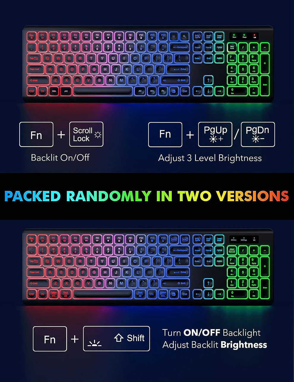 Combo de teclado y ratón inalámbricos con retroiluminación RGB, letras iluminadas recargables, tamaño completo, ergonómico, modo de suspensión, 2.4GHz