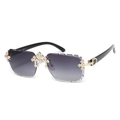 2025 Fashion Square Rimless Sunglasses For Women Cross Diamond Metal Frame Luxury Eyewear Cut Lens UV400 Shades Sun Glasses
