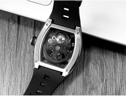 MINI FOCUS Herren-Armbanduhr, modisch, schwarz, wasserdicht, automatische mechanische Uhr mit Leuchtzeigern, Silikonarmband und Tonneau-Zifferblatt