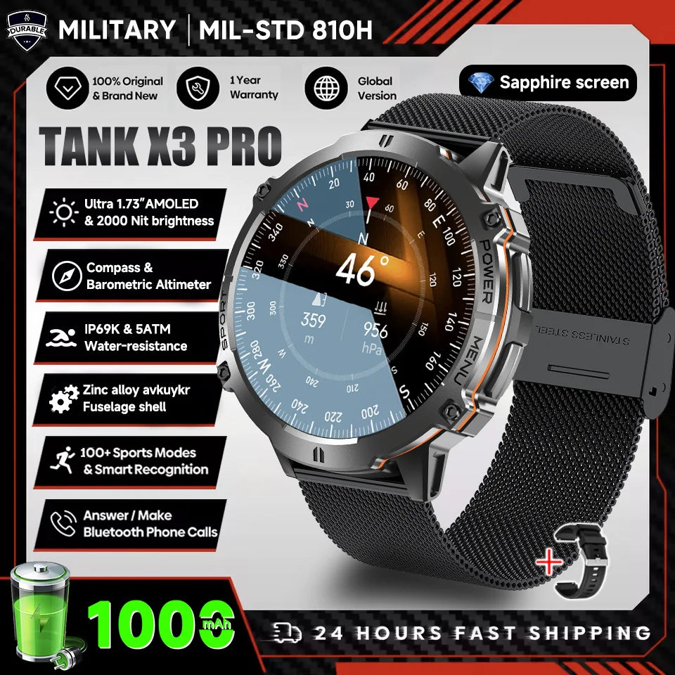 2026 New Military TANK X3 Smartwatch für Herren, 1000mAh Akku, 10ATM wasserdicht zum Schwimmen, GPS-Route, 1.75" AMOLED HD, Anrufe, Sport-Smartwatch