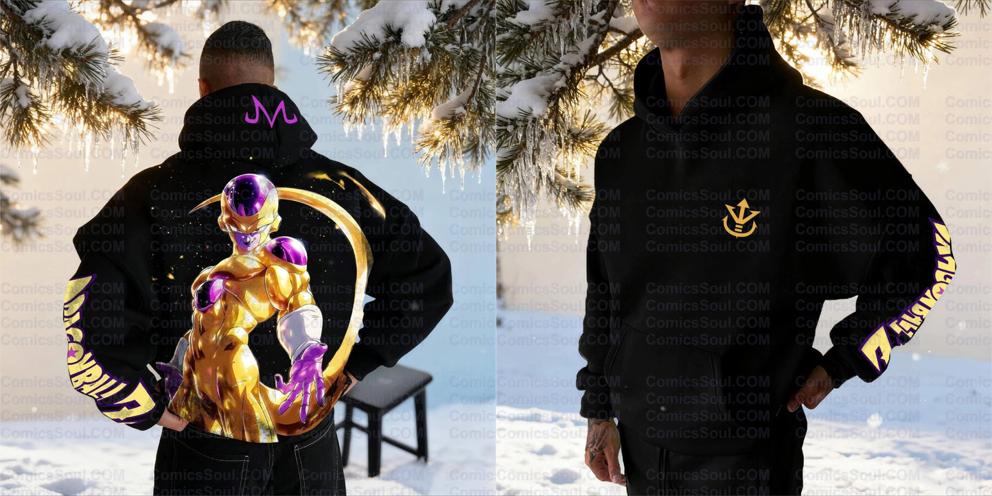 Dragon Ball Z Frieza Black Hoodie-Set Golden Form Rückenprint Purple Energy Effect Baumwoll-Sweatshirt mit M-Logo-Design