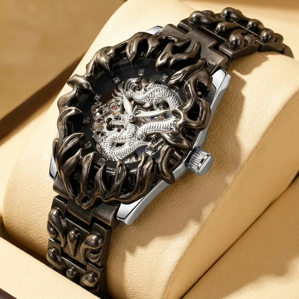 A men's yellow and black retro style classical irregular dragon patterned tourbillon mechanical watch