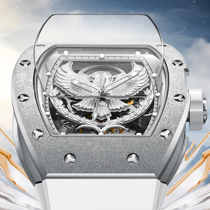 BONEST GATTI Luxury Men's Hollow Automatic Mechanical Watches Tonneau Sapphire Crystal Luminous Hollow Eagle Dial Rubber Straps