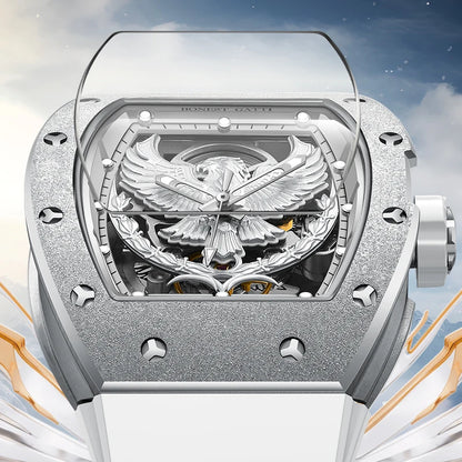 BONEST GATTI Luxury Men's Hollow Automatic Mechanical Watches Tonneau Sapphire Crystal Luminous Hollow Eagle Dial Rubber Straps