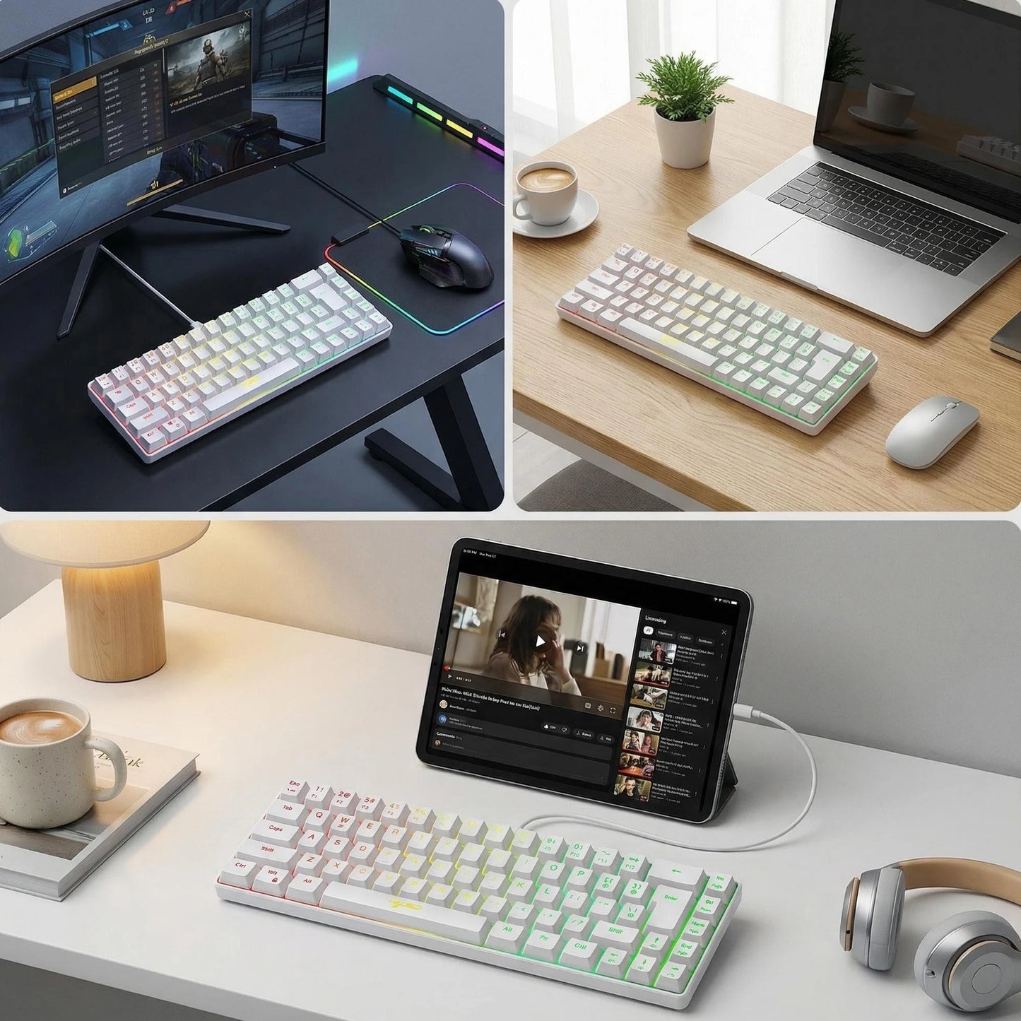 Ultra-Compact 65% Size Gaming Membrane Keyboard, Ergonomic RGB Backlit, Portable 68-Key Wired Office Keyboard with USB Plug-in