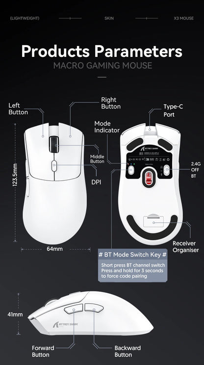 Attack Shark R1 belaidė Bluetooth žaidimų pelė, influencerių įvertinta populiari pelė, PAW3311 jutiklis, 1000Hz atsako dažnis