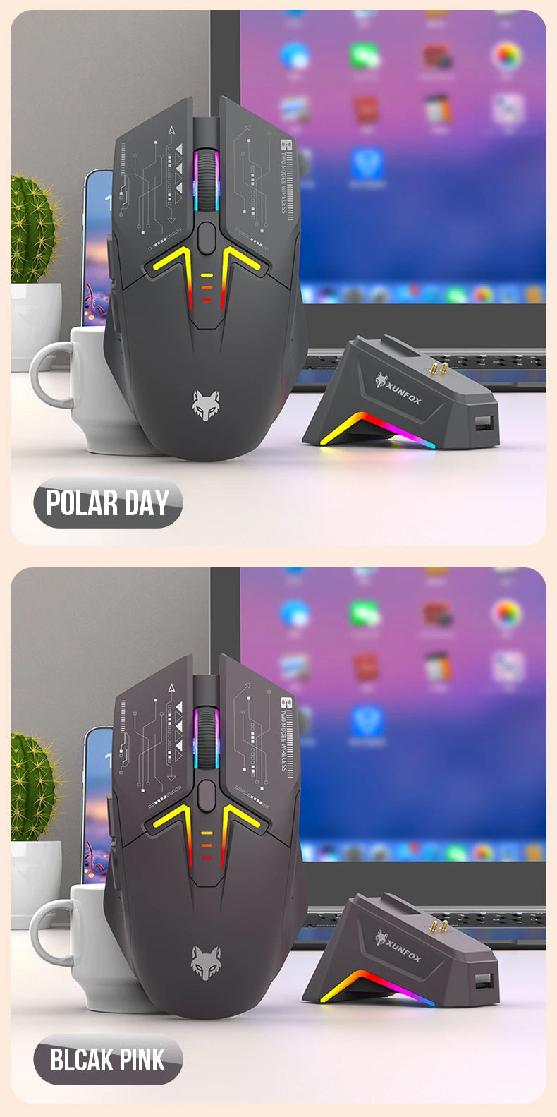 Ratón XUNSVFOX H2 inalámbrico Bluetooth de doble modo con iluminación RGB, para portátil, gaming y oficina, con carga magnética